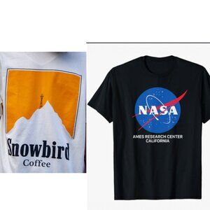 2 T-Shirts: Cream Snowbird Coffee & Black NASA Ames Research Center CA M Small